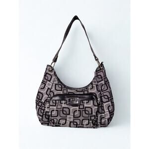 Vtg Y2K Geometric Print Grey Shoulder Bag Multi Pocket Euro Avant Garde